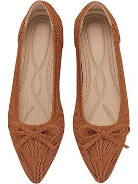 Women's Brown Knit Flats Closed Pointed Toe Bow Knit Ballet Comfortable Shoes
